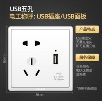 USB五孔插座德力西墙壁开关插座